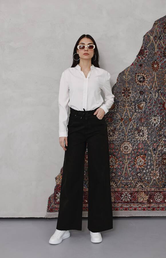 1123-Bağcıklı Bol Paça Pfd Pantolon Siyah