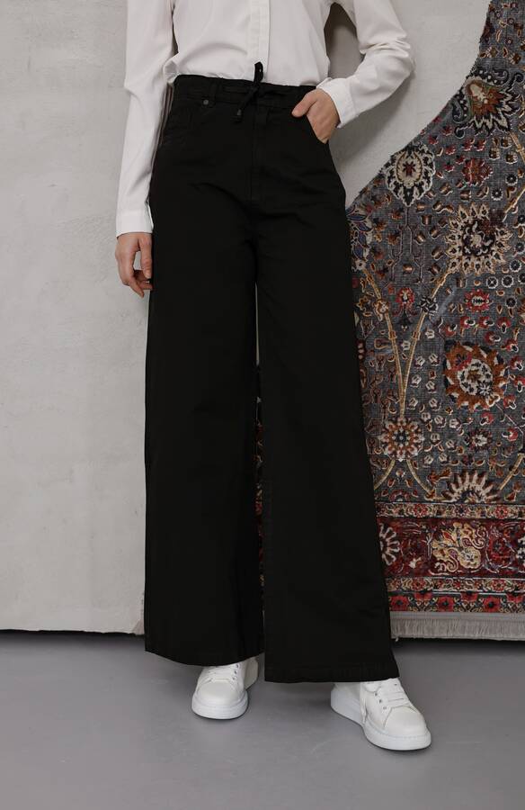 1123-Bağcıklı Bol Paça Pfd Pantolon Siyah