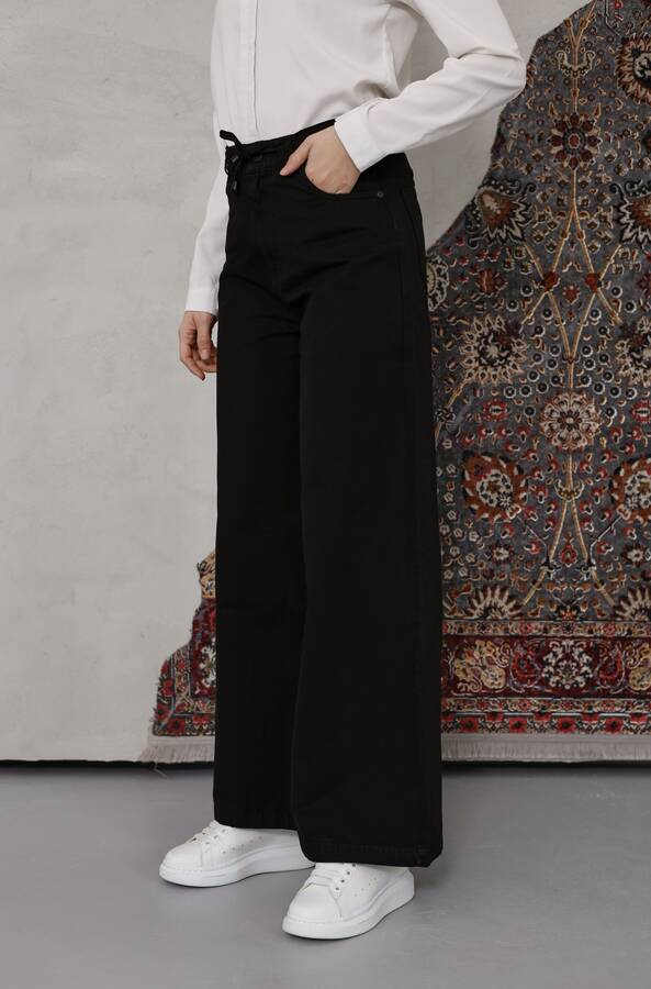 1123-Bağcıklı Bol Paça Pfd Pantolon Siyah