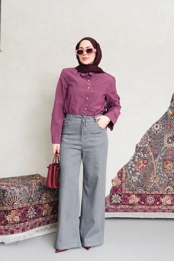 1123-Denim Bağcıklı Bol Paça Pantolon Gri