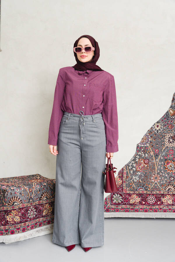 1123-Denim Bağcıklı Bol Paça Pantolon Gri