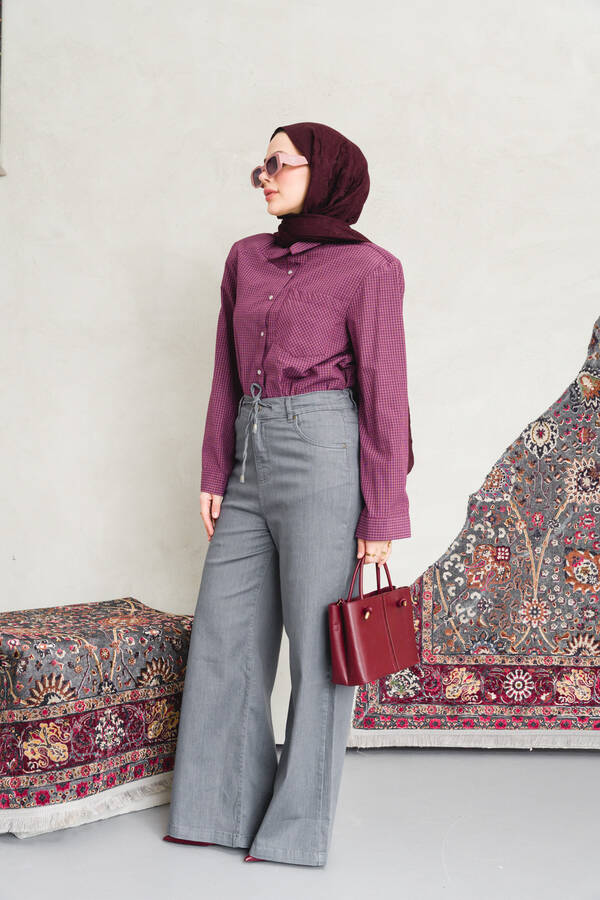 1123-Denim Bağcıklı Bol Paça Pantolon Gri