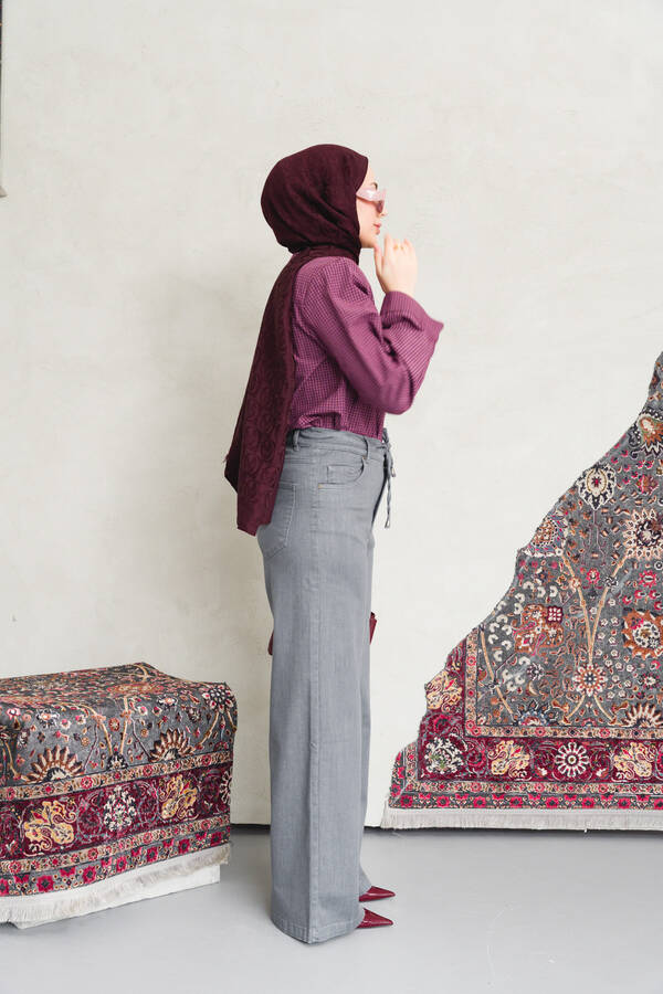 1123-Denim Bağcıklı Bol Paça Pantolon Gri