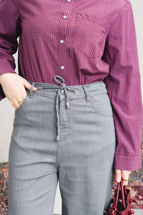 1123-Denim Bağcıklı Bol Paça Pantolon Gri