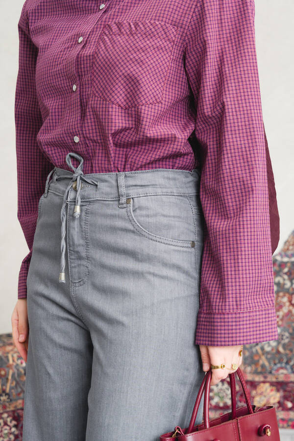 1123-Denim Bağcıklı Bol Paça Pantolon Gri