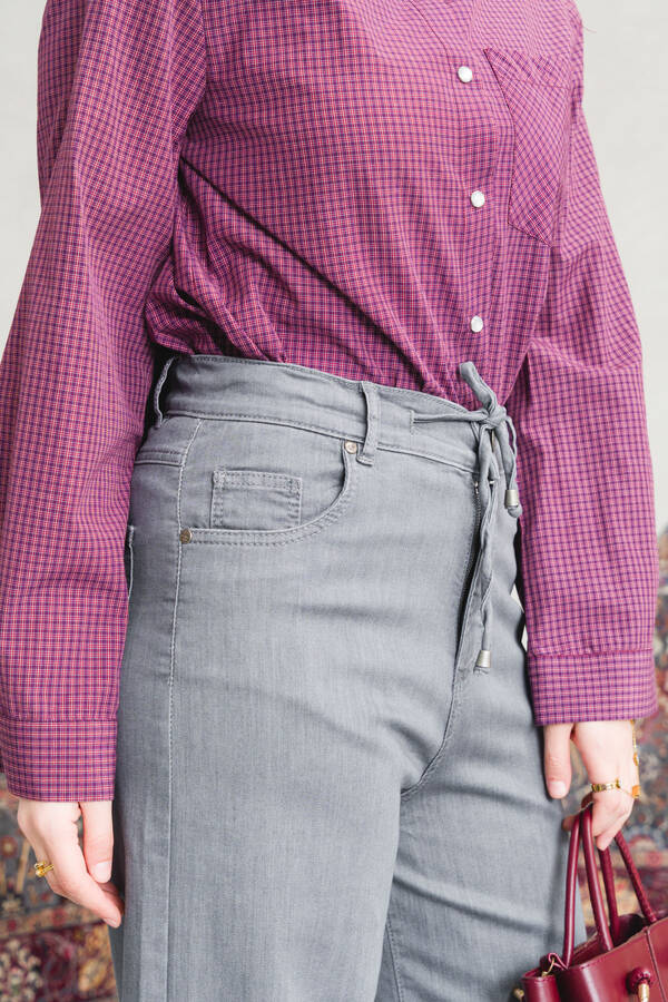 1123-Denim Bağcıklı Bol Paça Pantolon Gri