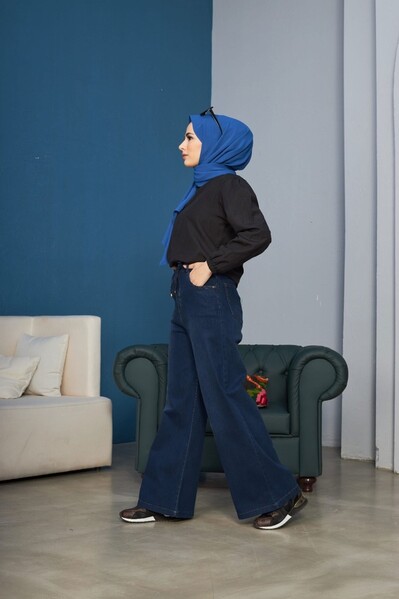 Neways - 1123-Denim Bağcıklı Bol Paça Pantolon Lacivert