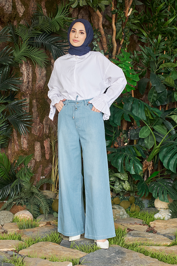 1123-Denim Bağcıklı Bol Paça Pantolon Mavi