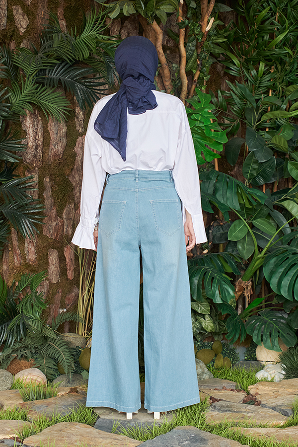 1123-Denim Bağcıklı Bol Paça Pantolon Mavi