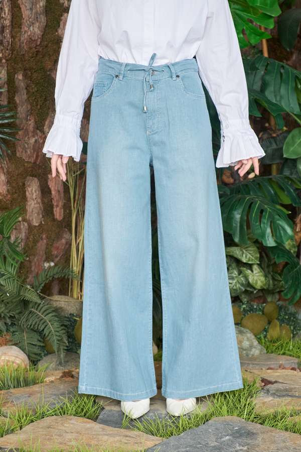 1123-Denim Bağcıklı Bol Paça Pantolon Mavi