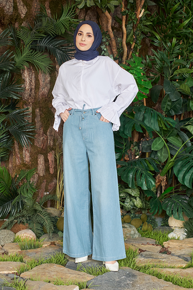 Neways - 1123-Denim Bağcıklı Bol Paça Pantolon Mavi