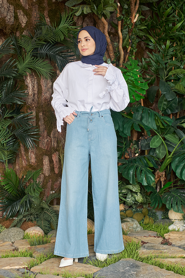 1123-Denim Bağcıklı Bol Paça Pantolon Mavi