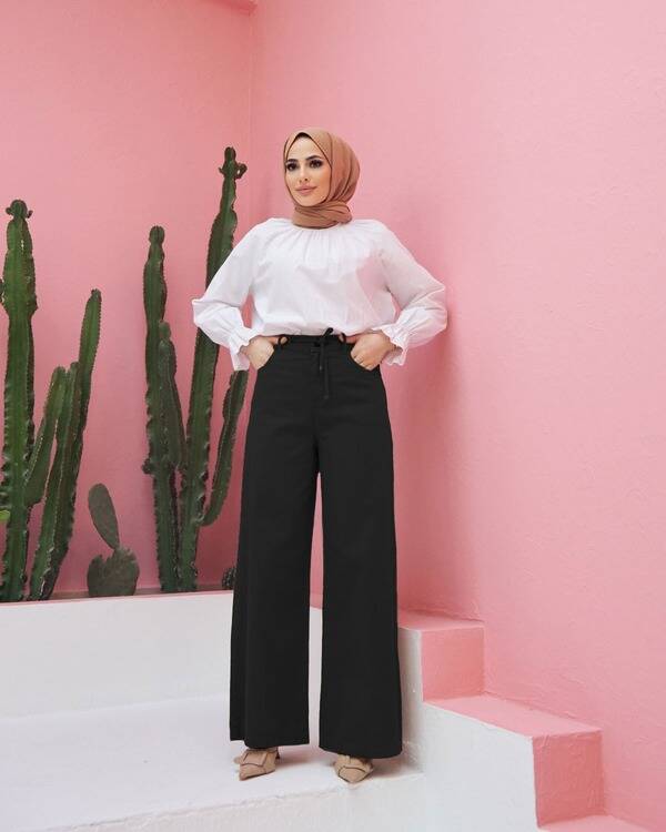 1123-Denim Parça Boyalı Bağcıklı Bol Paça Pantolon Siyah