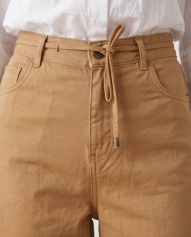 1123-Denim Parça Boyalı Bağcıklı Bol Paça Pantolon Bej