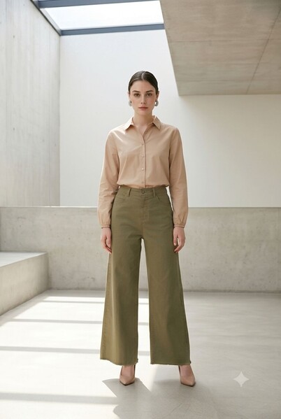 Neways - 1130-Denim Parça Boya Püsküllü Pantolon Haki