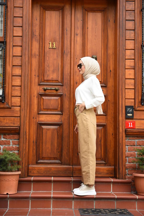 1131-DENİM MOM JEANS PANTOLON Bej