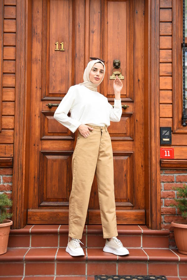 1131-DENİM MOM JEANS PANTOLON Bej