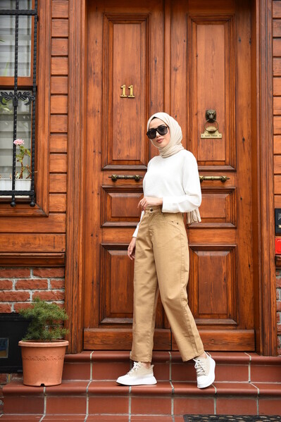 Neways - 1131-DENİM MOM JEANS PANTOLON Bej