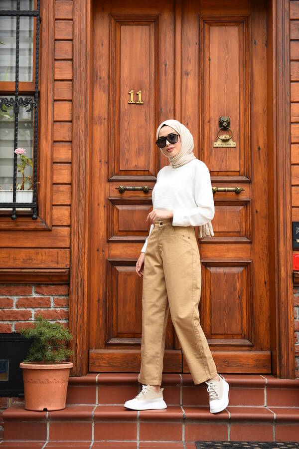 1131-DENİM MOM JEANS PANTOLON Bej
