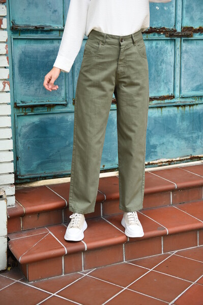 Neways - 1131-DENİM MOM JEANS PANTOLON Haki