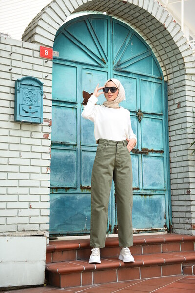 Neways - 1131-DENİM MOM JEANS PANTOLON Haki