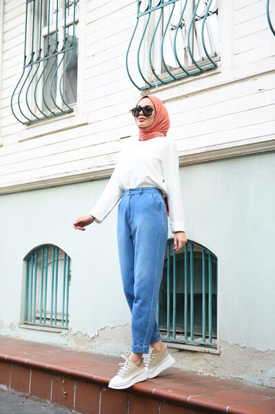Neways - 1132-Denim Paçası Pensli Pantolon Açık Mavi