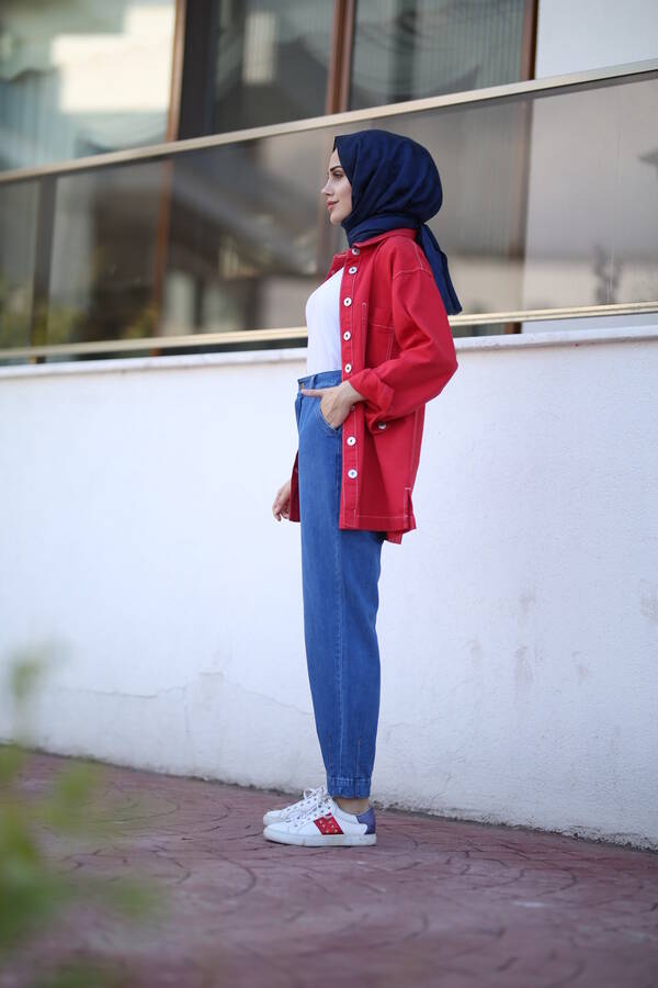 1132-Denim Paçası Pensli Pantolon Koyu Mavi