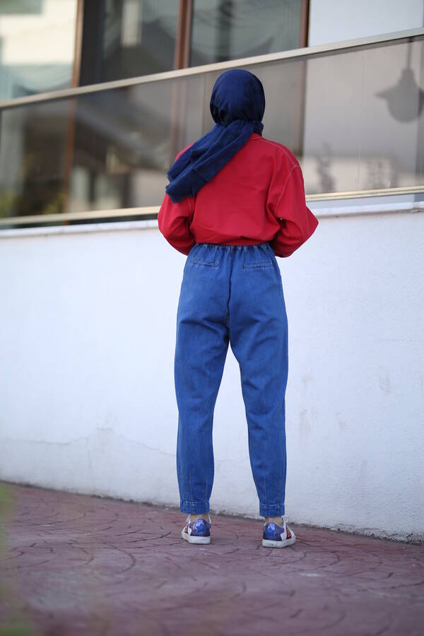 1132-Denim Paçası Pensli Pantolon Koyu Mavi