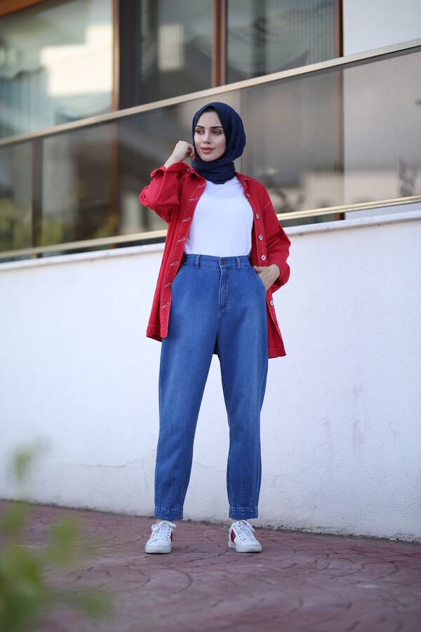 1132-Denim Paçası Pensli Pantolon Koyu Mavi