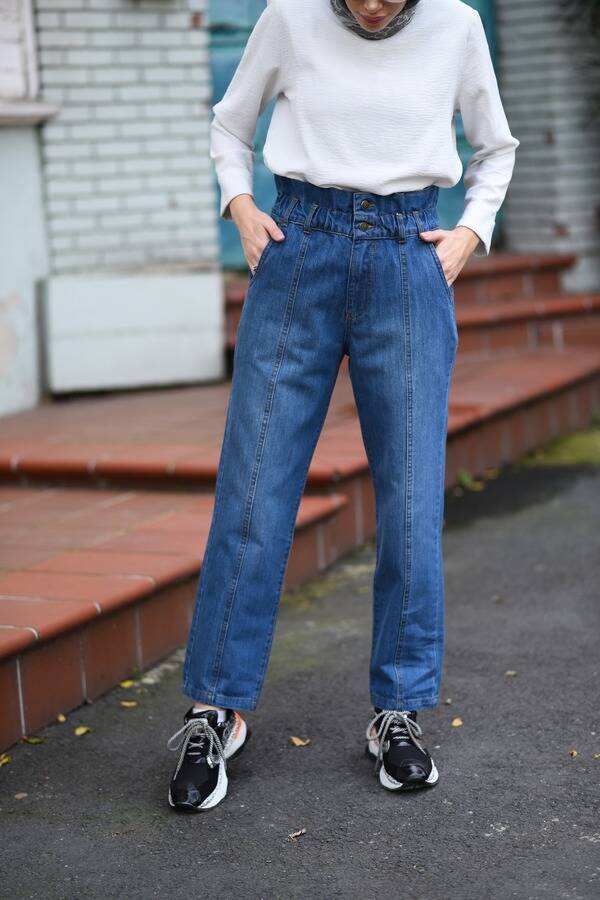 1135-Denim Lastikli Yüksek Bel Pantolon Koyu Mavi