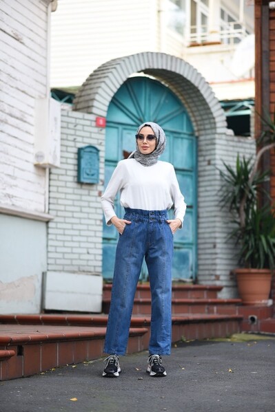 Neways - 1135-Denim Lastikli Yüksek Bel Pantolon Koyu Mavi