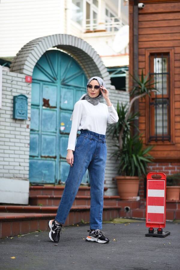 1135-Denim Lastikli Yüksek Bel Pantolon Koyu Mavi