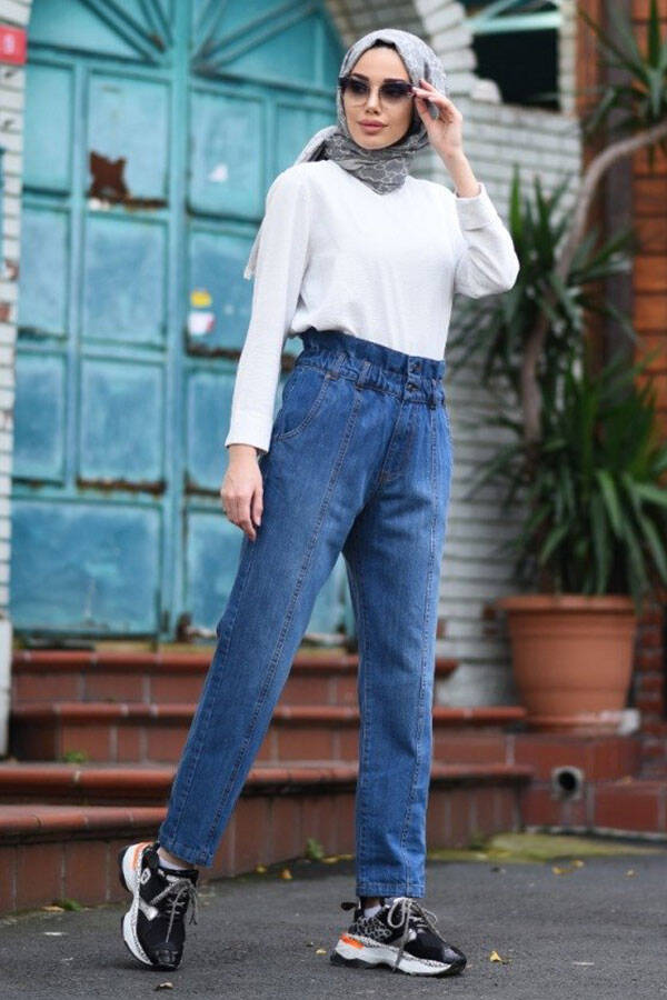 1135-Denim Lastikli Yüksek Bel Pantolon Koyu Mavi
