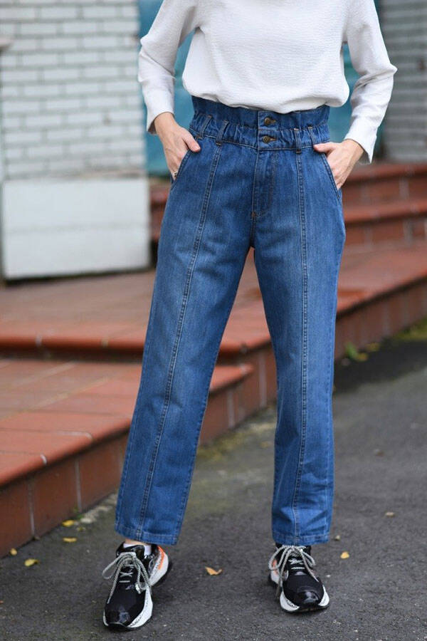 1135-Denim Lastikli Yüksek Bel Pantolon Koyu Mavi