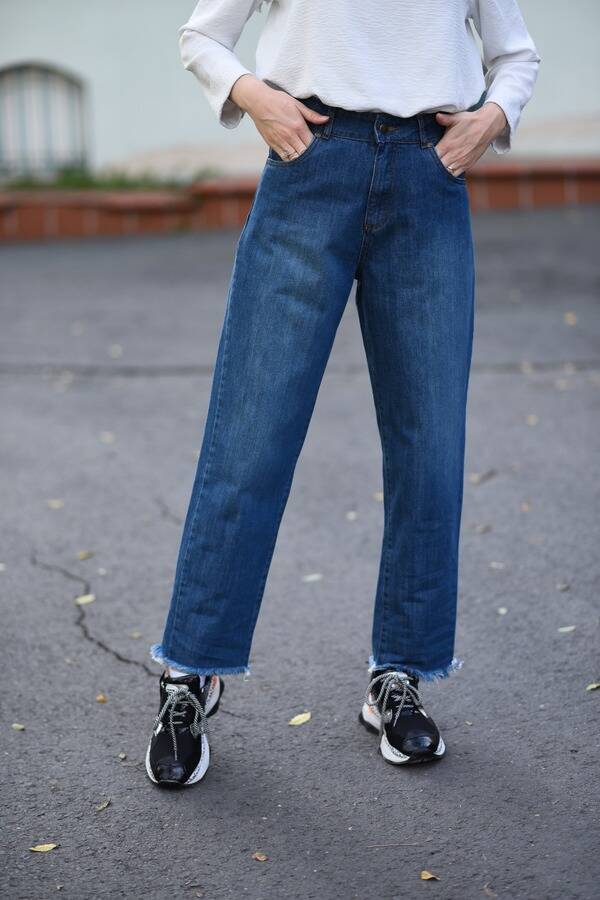 1136-Denim Püsküllü Mom Jeans Koyu Mavi