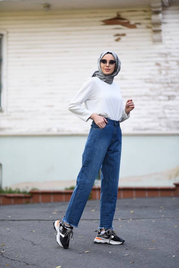 1136-Denim Püsküllü Mom Jeans Koyu Mavi