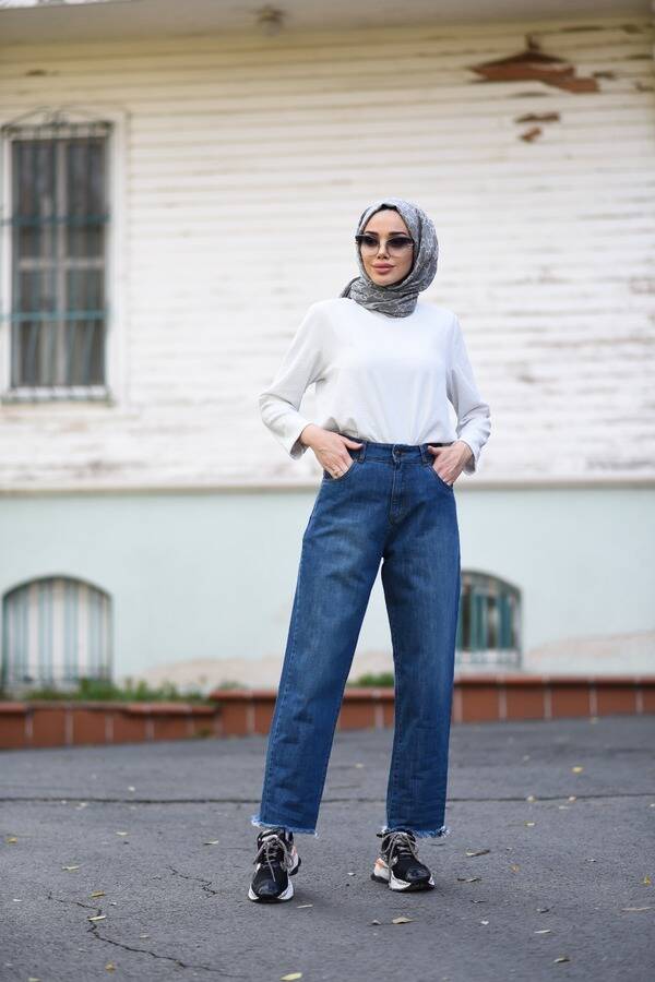 1136-Denim Püsküllü Mom Jeans Koyu Mavi