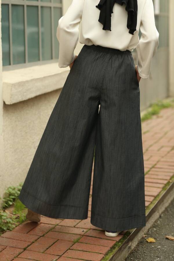 1138-Denim Lastikli Bol Paça Pantolon Koyu Gri