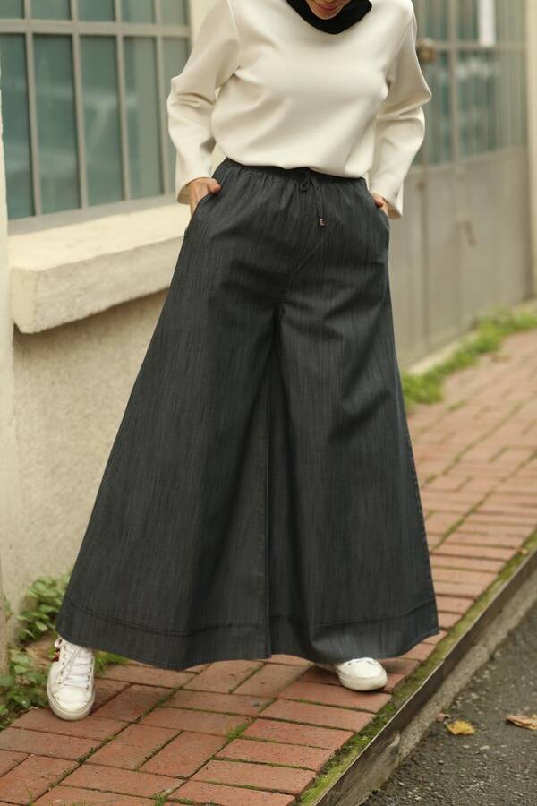1138-Denim Lastikli Bol Paça Pantolon Koyu Gri
