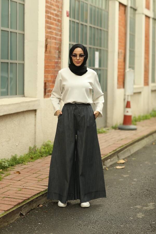 1138-Denim Lastikli Bol Paça Pantolon Koyu Gri