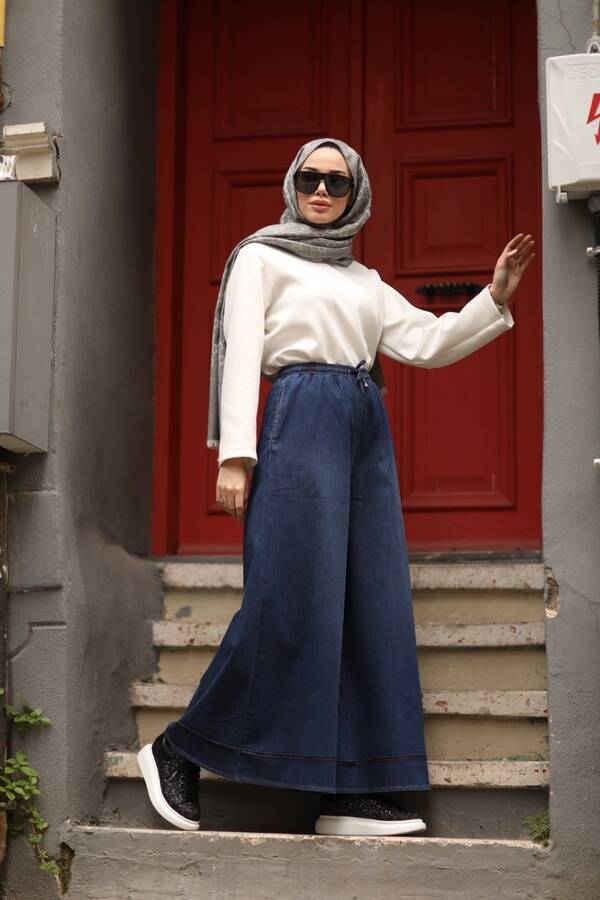 1138-Denim Lastikli Bol Paça Pantolon Koyu Mavi