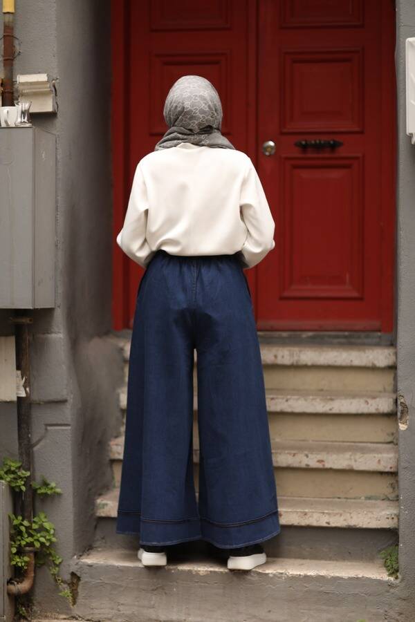 1138-Denim Lastikli Bol Paça Pantolon Koyu Mavi