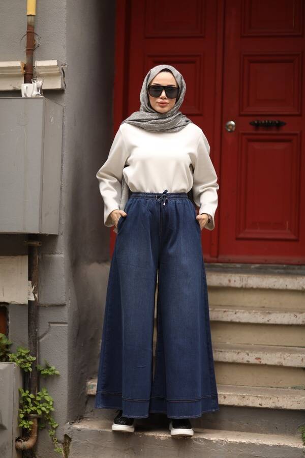 1138-Denim Lastikli Bol Paça Pantolon Koyu Mavi