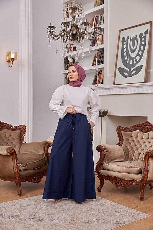 1138-Denim Lastikli Bol Paça Pantolon Lacivert - 4