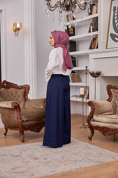 1138-Denim Lastikli Bol Paça Pantolon Lacivert - 3