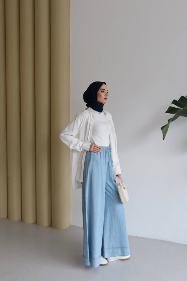 1138-Denim Lastikli Bol Paça Pantolon Mavi