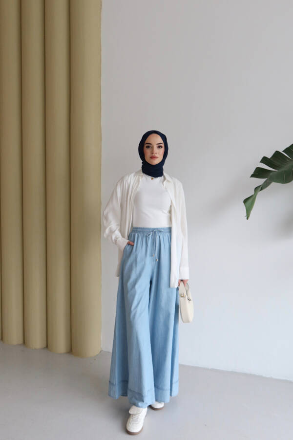 1138-Denim Lastikli Bol Paça Pantolon Mavi