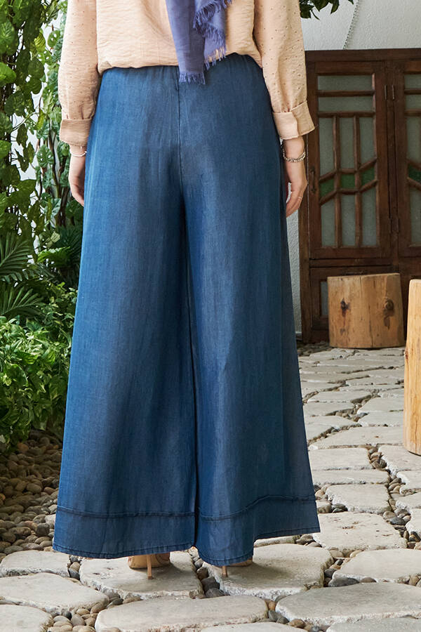 1138-Denim Tensel Lastikli Bol Paça Pantolon Koyu Mavi