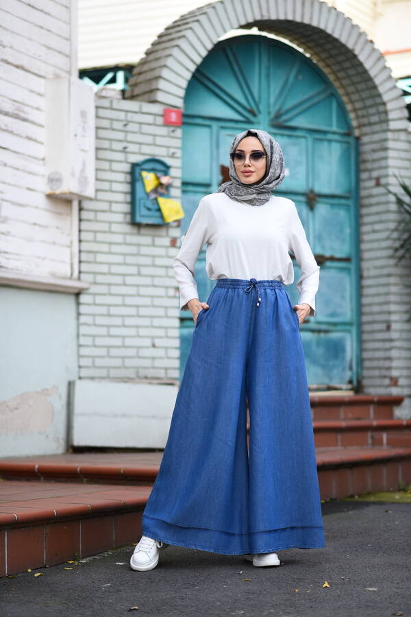 1138-Denim Tensel Lastikli Bol Paça Pantolon Koyu Mavi