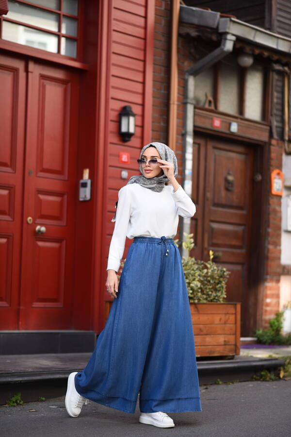 1138-Denim Tensel Lastikli Bol Paça Pantolon Koyu Mavi